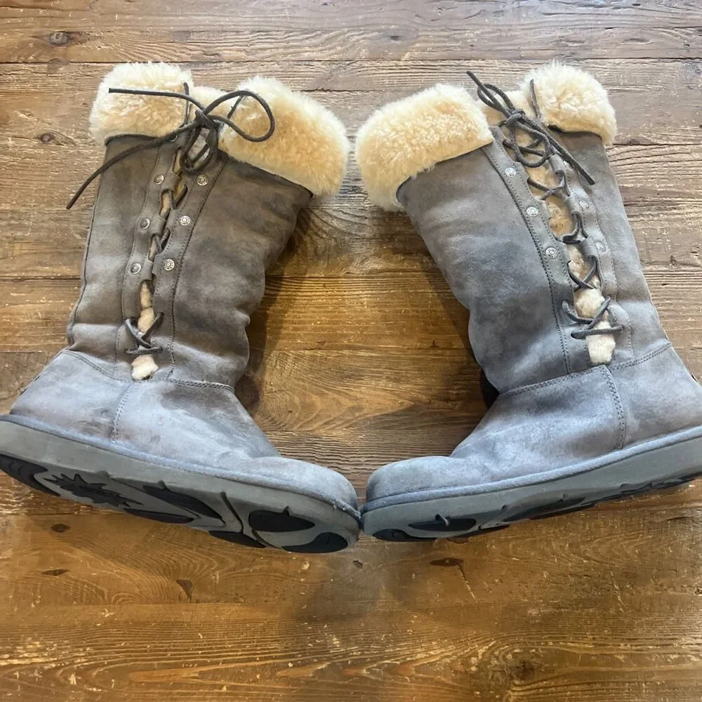 UGG Australia Tall Shearling Lace-Up Boots Gray Suede Women’s Size 8 (EU 39)